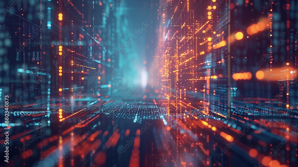 Poster high-tech digital landscape featuring abstract 3d rendering of data flow and information processing 