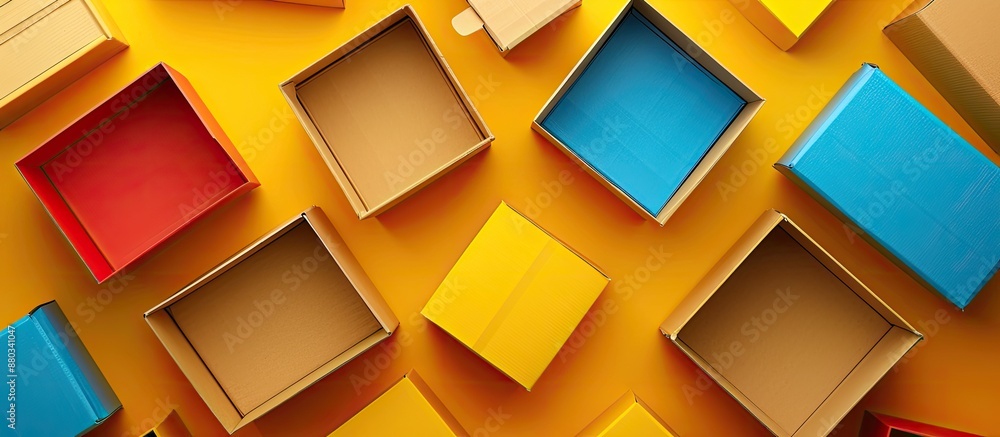 Poster Colorful background with blank cardboard boxes perfect for adding copy space image