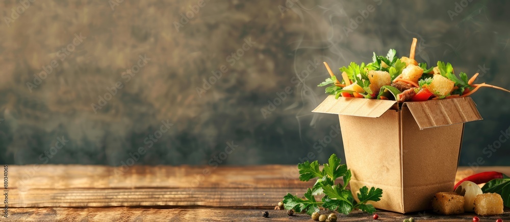 Poster food can be displayed in a cardboard box on a wooden desk with copy space image