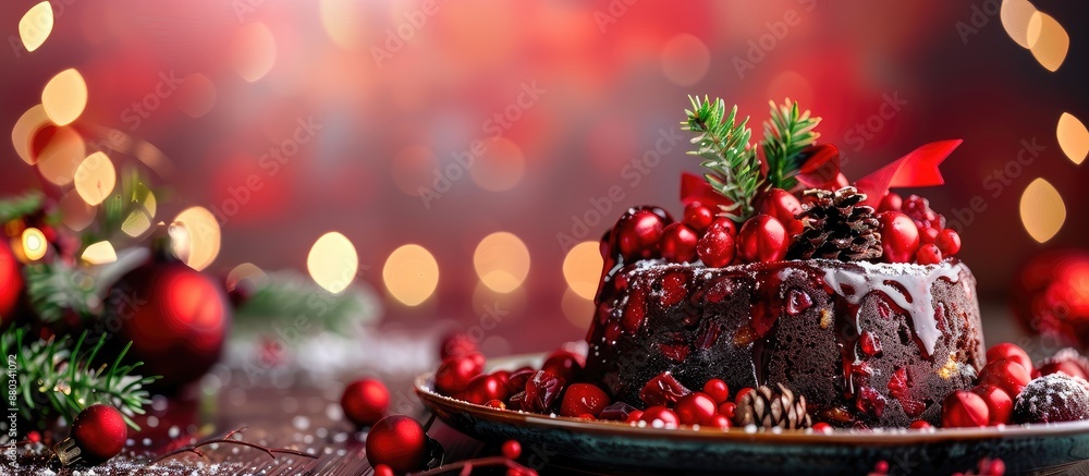 Poster a festive christmas themed fruitcake and pudding displayed beautifully on a plate with a blank area 