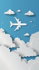 Fototapeta premium An airplane soars high in the sky amidst fluffy white clouds