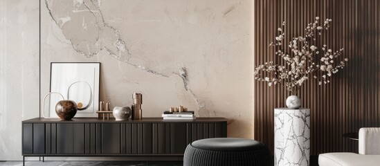 Stylish living room with a retro cabinet black pouf marble pedestals elegant accessories and an abstract background wall Mockup photo frame adds to the minimalistic home decor with copy space image