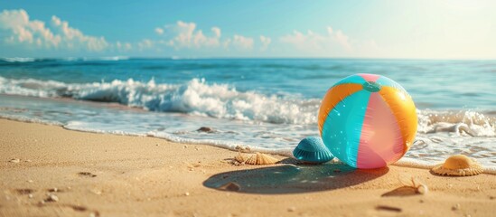 Obraz premium Copy space image showing inflatable ball and beach items on sandy shore by the sea