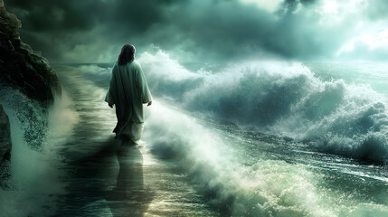 Obraz premium Jesus walks on water and calms the sea as in bible