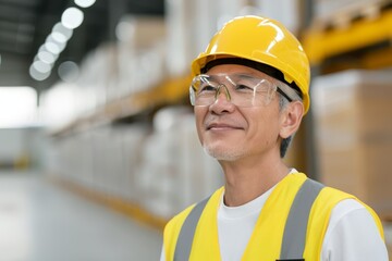 A man wearing a yellow vest and a hard hat is smiling
