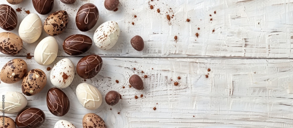 Poster Top view chocolate eggs on a white wooden surface with copy space image available for Easter composition