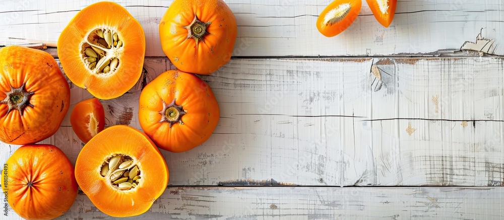 Poster whole ripe orange persimmon fruit and slices displayed on a white wooden table with copy space image