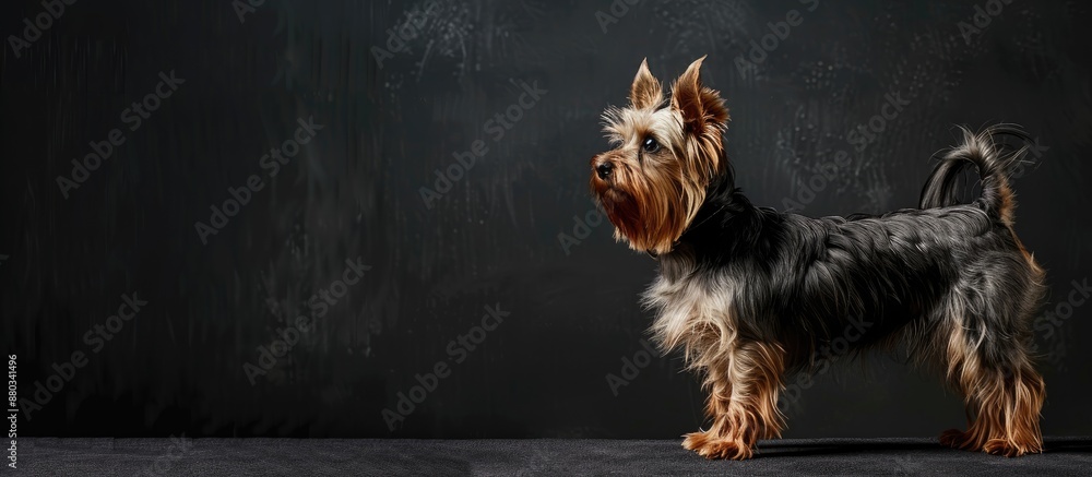 Aufkleber a yorkshire terrier stands on a black studio backdrop in a full length side view copy space image