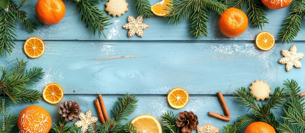 Poster a serene azure wood background adorned with fresh green fir trees framed around delicious cookies an