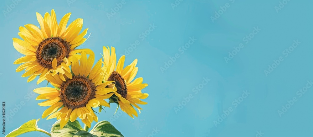Poster vertical banner featuring vibrant yellow sunflowers set against a blue sky backdrop designed with a 