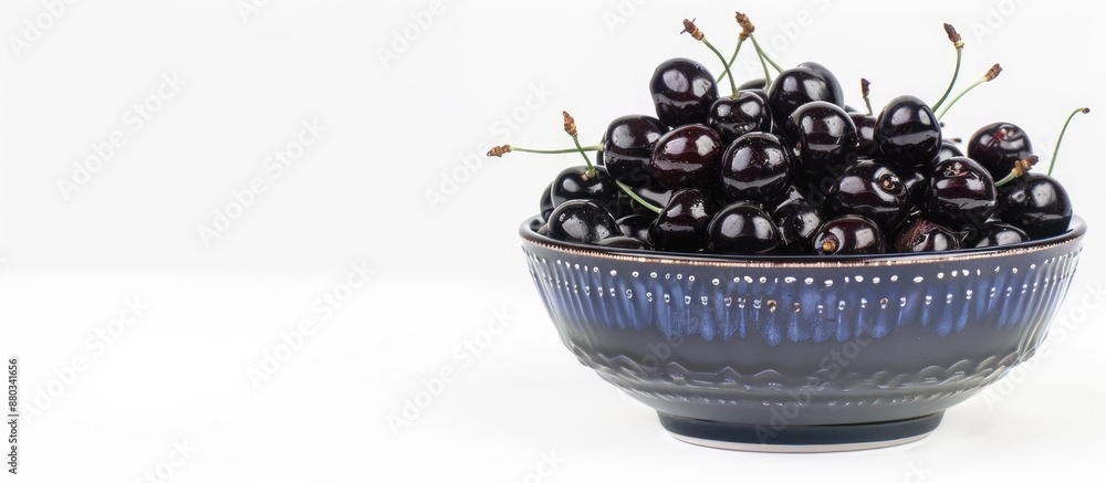 Poster a blue bowl on a white background filled with fresh ripe black cherries ready for your own image or 
