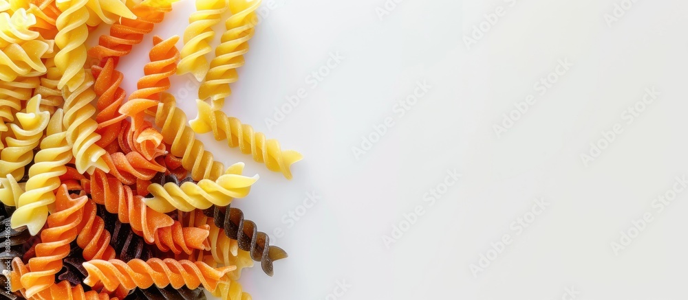 Poster close up top view of a pile of tri colored pasta on a white backdrop with a blank area for additiona