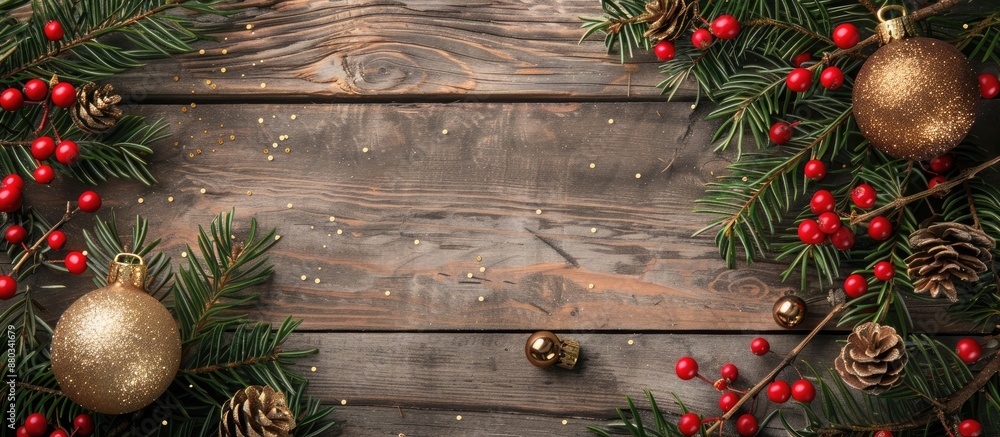 Poster Decorative Christmas themed composition featuring pine tree frame red berries and a golden ornament on a wooden backdrop suitable for text and invitation cards with copy space image
