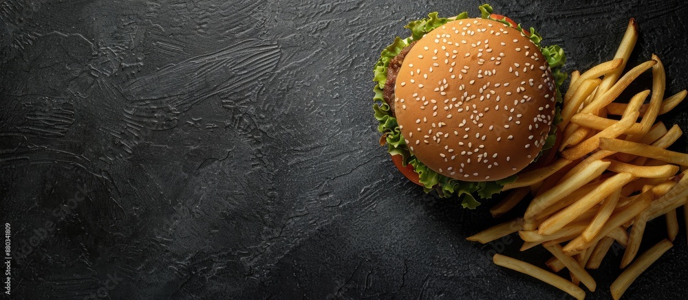 Leinwandbilder Overhead shot of a hamburger and fries with space for text in the image. with copy space image. Place for adding text or design