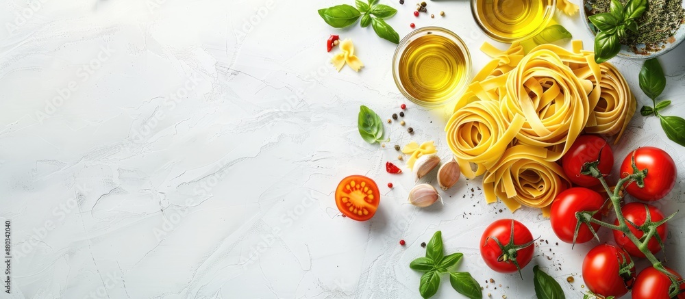 Poster assorted raw italian pasta displayed on a white table with herbs olive oil and tomatoes for cooking 