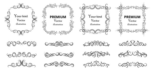 Calligraphic design elements . Decorative swirls or scrolls, vintage frames , flourishes, labels and dividers. Retro vector illustration