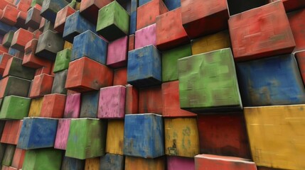 A modern abstract piece with a pattern of interlocking building blocks in vibrant primary colors The green