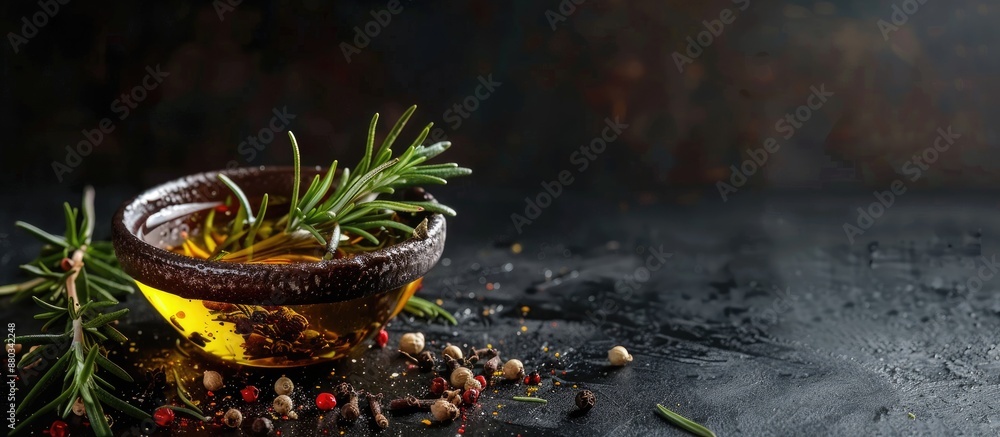 Poster dark background with a bowl of rosemary oil and spices perfect for culinary concepts with copy space
