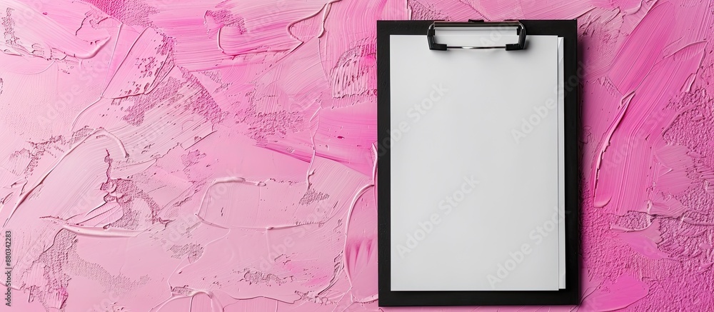 Poster Top view of a black clipboard on a pink surface with a blank sheet of paper featuring ample copy space image