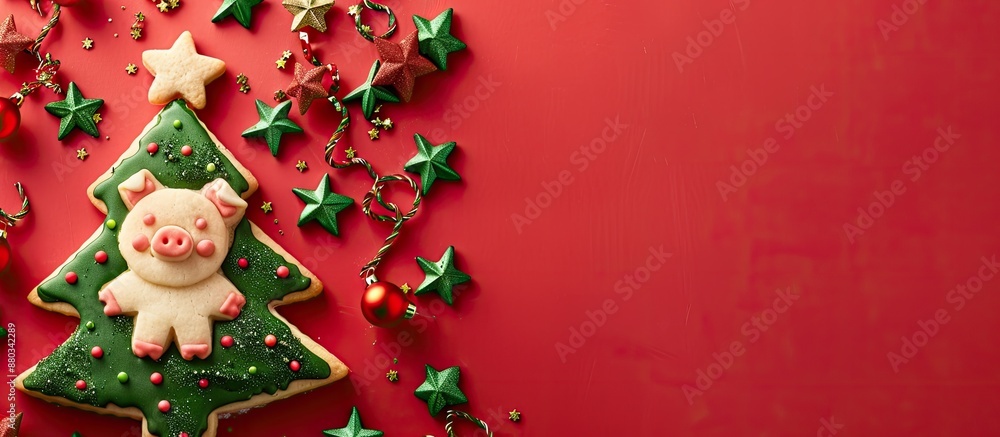 Poster Horizontal composition featuring cookies shaped like a pig and a Christmas tree on a red background adorned with green stars with copy space image