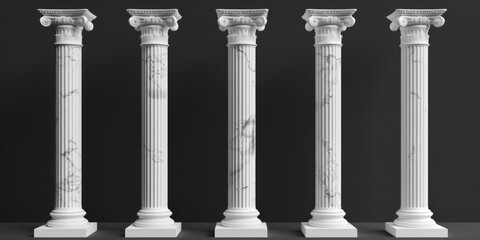 Pillars - Five White Marble Columns Against Black Wall Background with Greek and Roman Influence