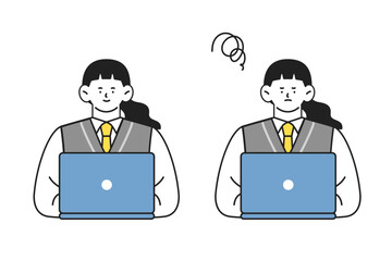 ノートパソコンを使う制服姿の女子生徒　ポジティブとネガティブの２つの表情イラストセット