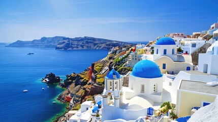 Santorini, Greece - Charming Town with Blue Dome in Aegean Sea