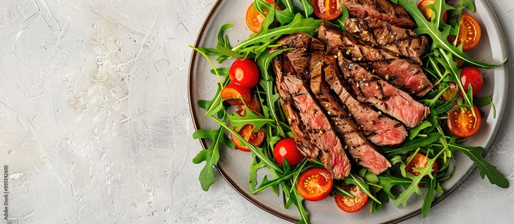 Aufkleber Grilled beef slices with cherry tomatoes and arugula on a plate displaying beautifully against a plain background in a copy space image