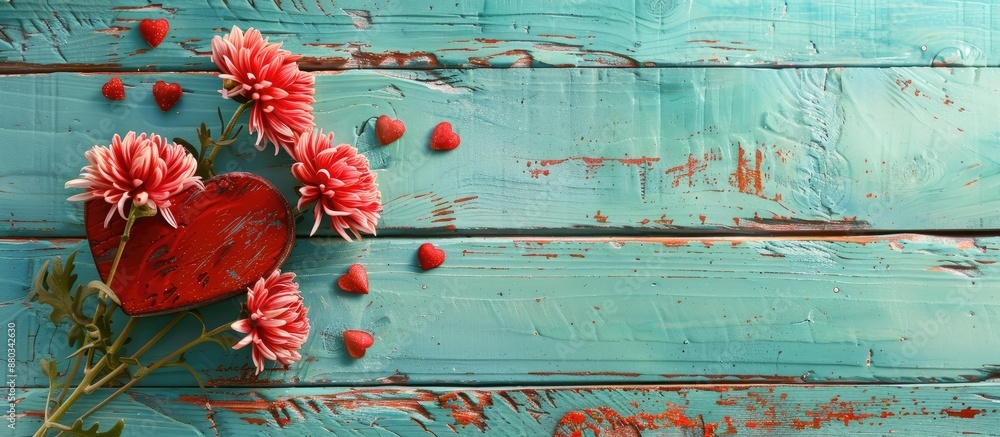 Aufkleber Top view of chrysanthemums and heart placed on a weathered turquoise wooden surface with space for additional images