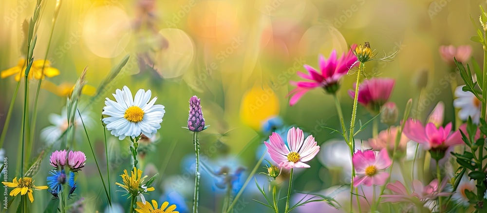 Aufkleber Close up of wildflowers in lush summer meadows with a blurred backdrop perfect for adding text with copy space image