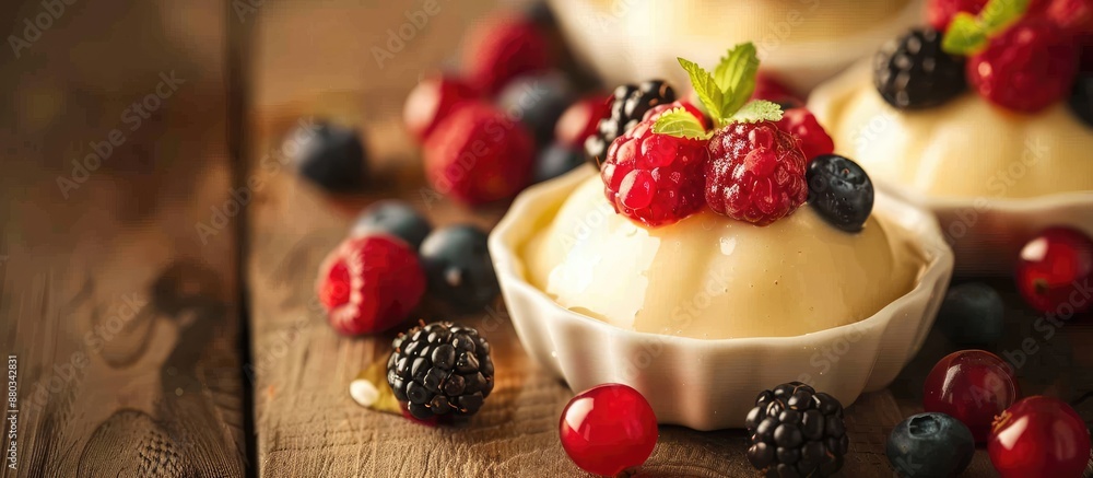 Poster semolina pudding topped with fresh berries displayed on a wooden surface ideal for a copy space imag