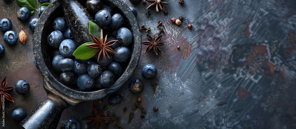 Poster Using a mortar and pestle to make a sauce with blueberries anise star and cloves in a copy space image