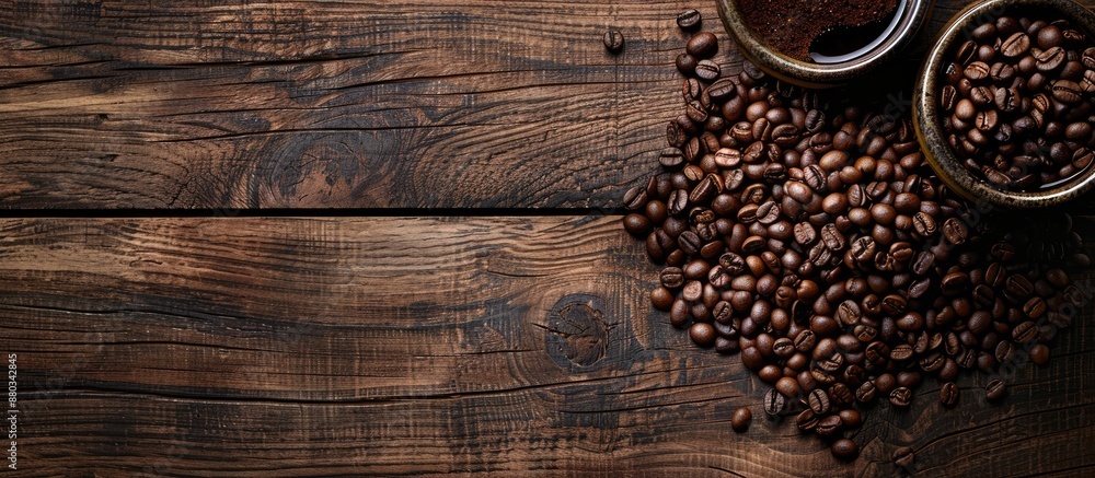 Poster coffee mugs roasted beans on a wooden table with a copy space image for the background in a flat lay