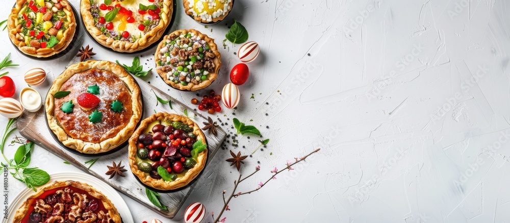 Aufkleber Modern and stylish Easter pies with festive toppings arranged in a rustic composition on a white background with copy space image