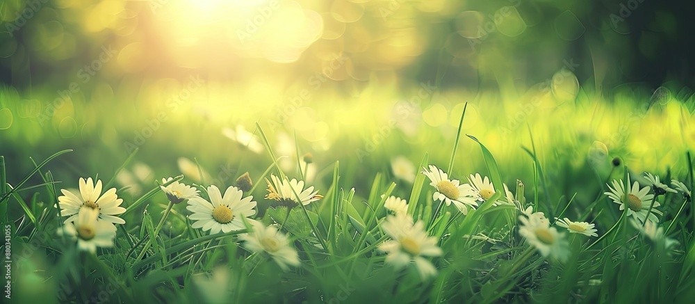 Poster artistic retro edit of beautiful spring daisies in a green grass lawn with selective focus ideal for