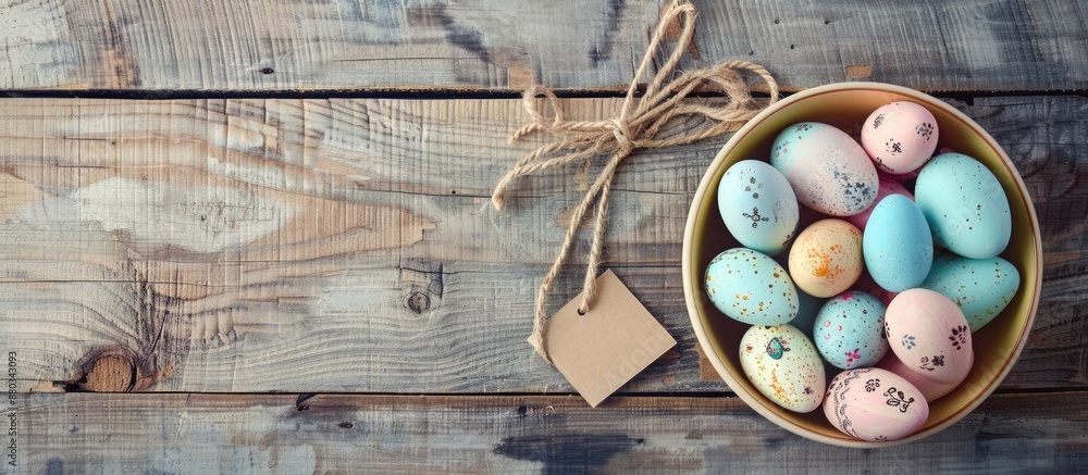 Poster happy easter card featuring a bowl of brightly colored pastel easter eggs on a wooden background wit