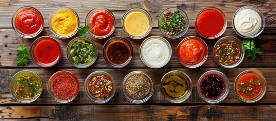 Top down view of various sauces in glass bowls arranged on a rustic wooden table with available copy space image