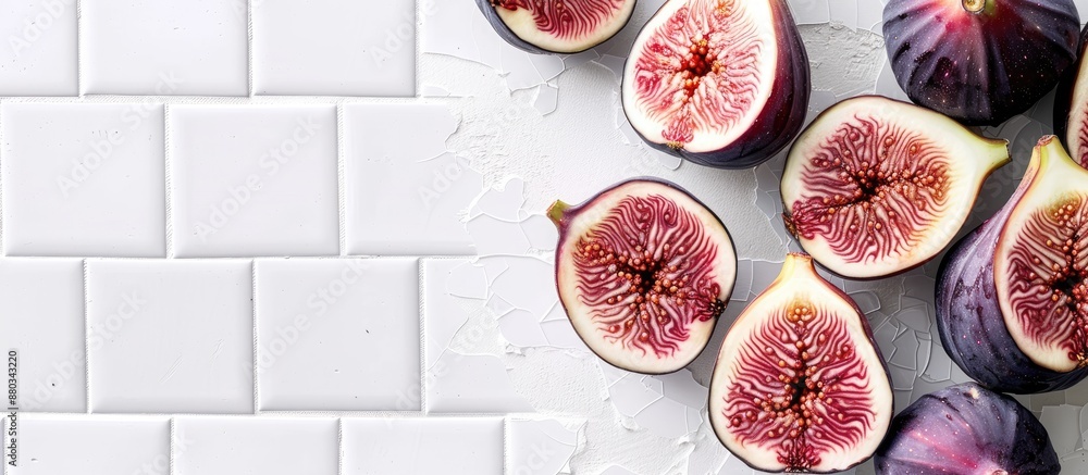 Poster flat lay of fresh ripe purple figs on a white tiled table with space for text in the image. with cop