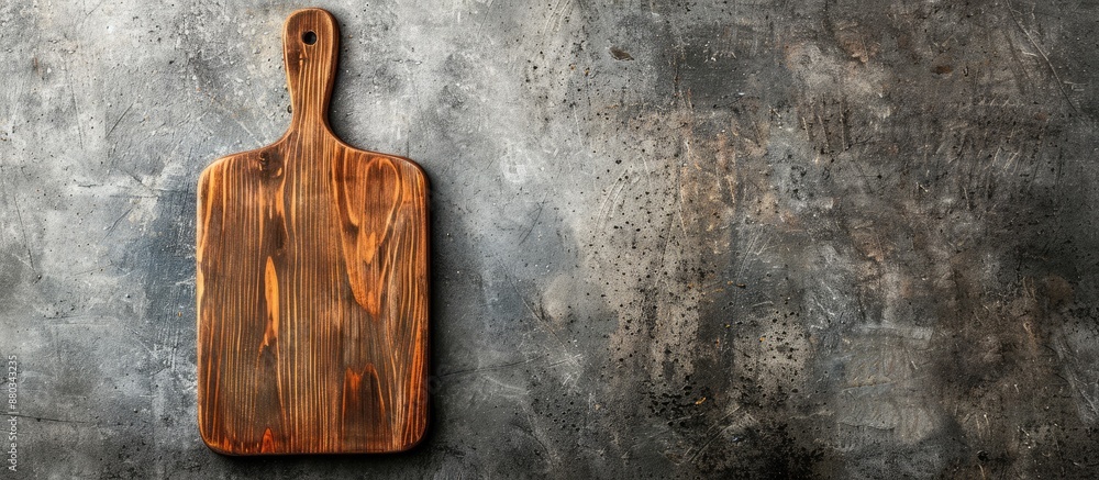 Poster Cooking at home with an empty wooden cutting board set on a textured concrete background ideal for a copy space image