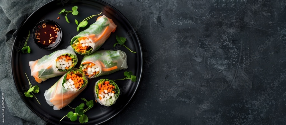Aufkleber Delectable rice paper rolls served on a black table seen from above with ample copy space image