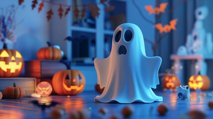 Adorable Halloween Ghost Surrounded by Jack-o'-Lanterns and Festive Decorations
