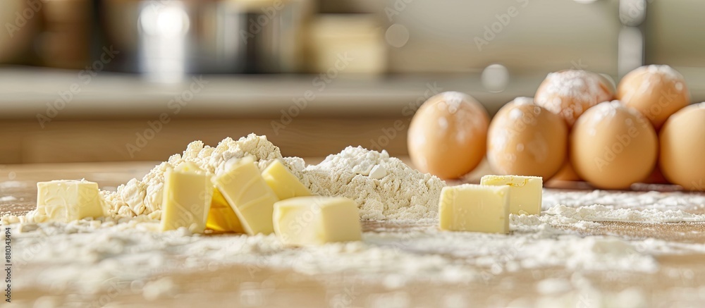 Poster close up of flour butter and eggs arranged on a kitchen table with copy space image