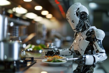 Fototapeta premium A robotic chef working in a restaurant setting, A robotic chef preparing a five-star meal, AI generated