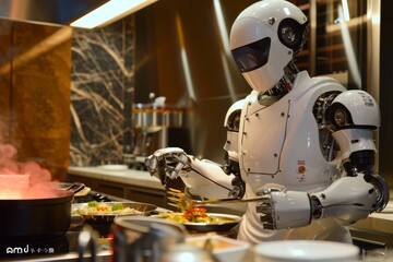 Fototapeta premium A robotic chef working in a restaurant setting, A robotic chef preparing a five-star meal, AI generated
