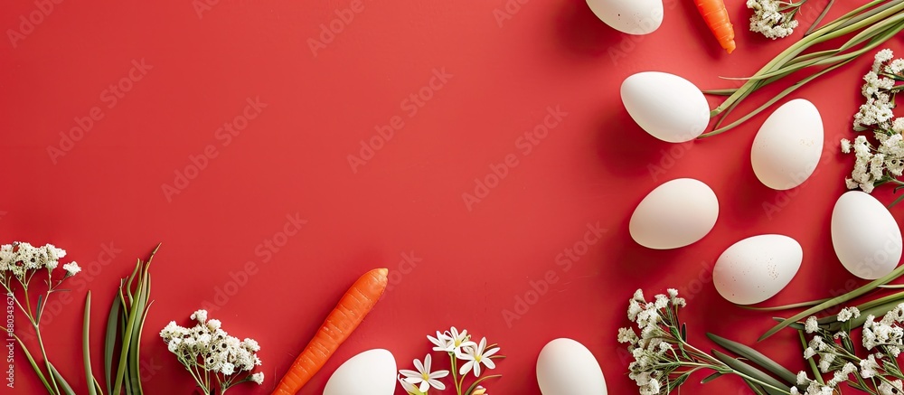Poster Easter themed greeting card set against a red backdrop with room for text or images featuring white eggs carrots and flowers as decoration. with copy space image. Place for adding text or design