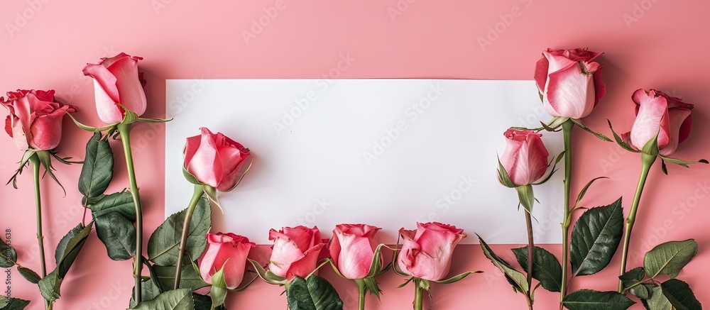 Poster Fresh roses arranged decoratively on a color background with an empty white paper sheet for text providing a floral visual with plentiful copy space image