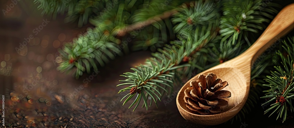 Poster Rustic wooden spoon on a pine tree backdrop creating a festive Christmas copy space image