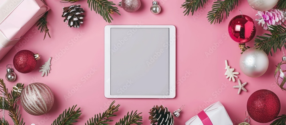 Poster Top down view of a festively decorated work desk with blank note paper on a tablet surrounded by Christmas and New Year ornaments set against a pink backdrop in a copy space image