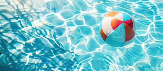 A vibrant beach ball bobs in a clear blue pool creating a perfect scene for a family summer vacation highlighted by a children s pool party Ideal for illustrating healthy outdoor activities Copy spac