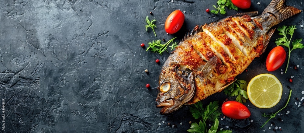 Aufkleber stone background with copy space image for text featuring spiced fried hake fish